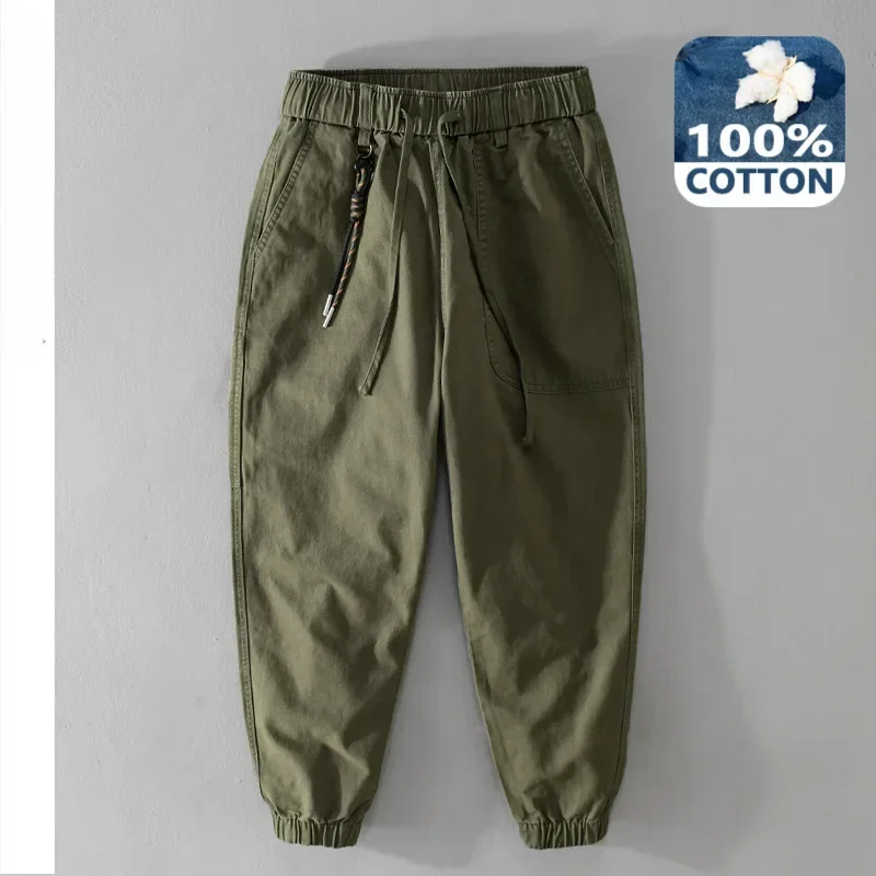 

Autumn New Men's Cotton Simple Cargo Pants Casual Solid Color Elastic Waist Soft Street Joggers Men Trousers F7622