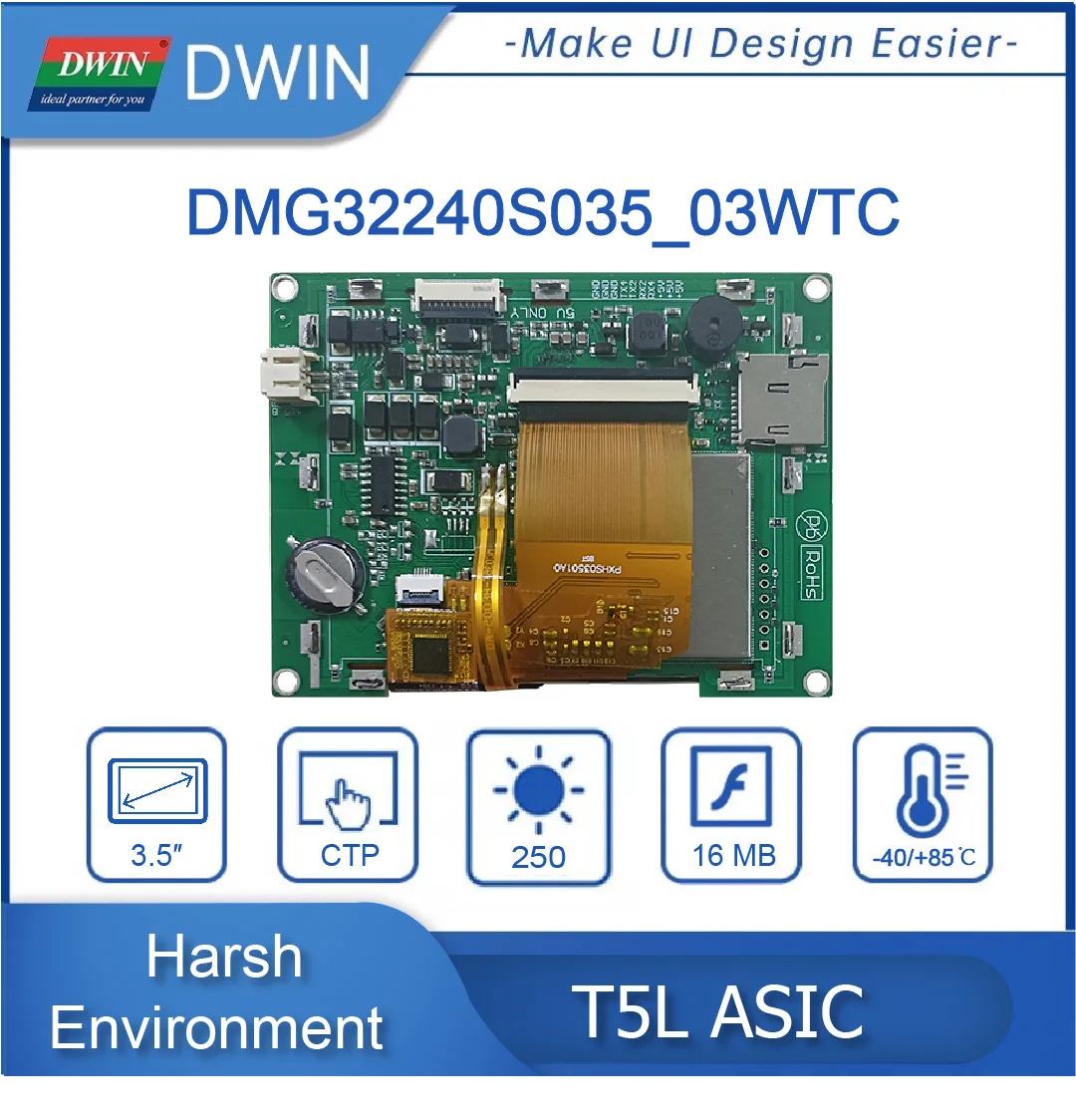 DWIN 3.5 Inch, 320*240 Pixels Resolution, 16.7M Colors, TN-TFT-LCD Support RS232 and RS485 DMG32240S035_03W