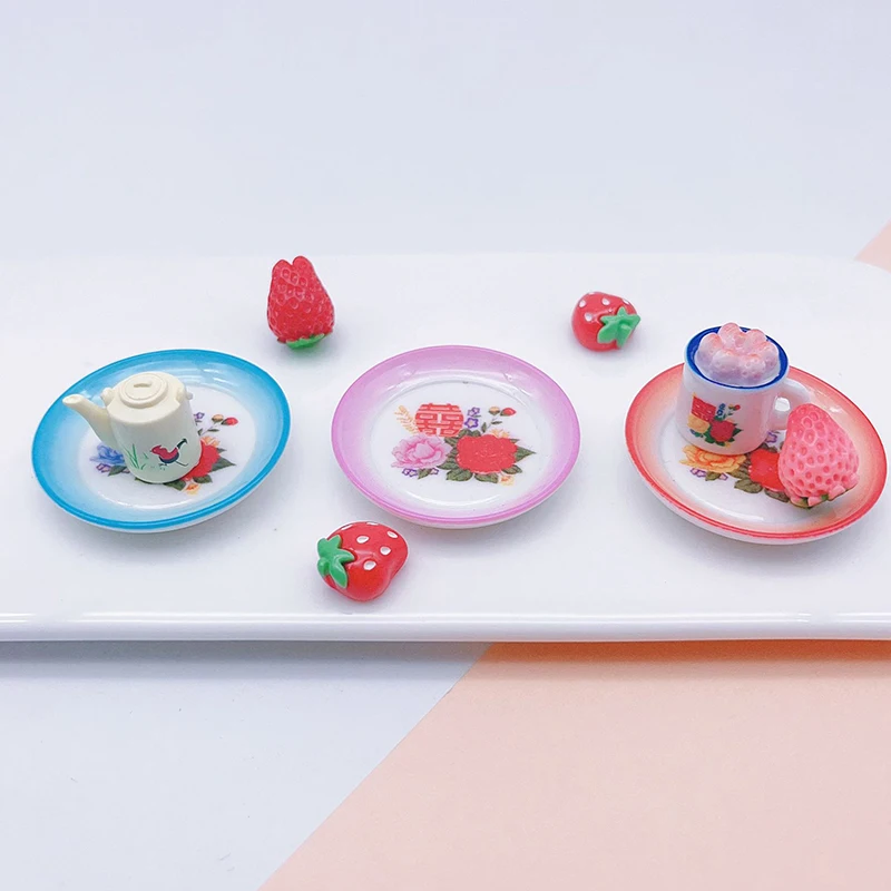 5pcs Dollhouse Miniature Supplies Chinese Double Happiness Food Plate/Cup Cake Enamel Basin Miniatures Kitchen Accessory