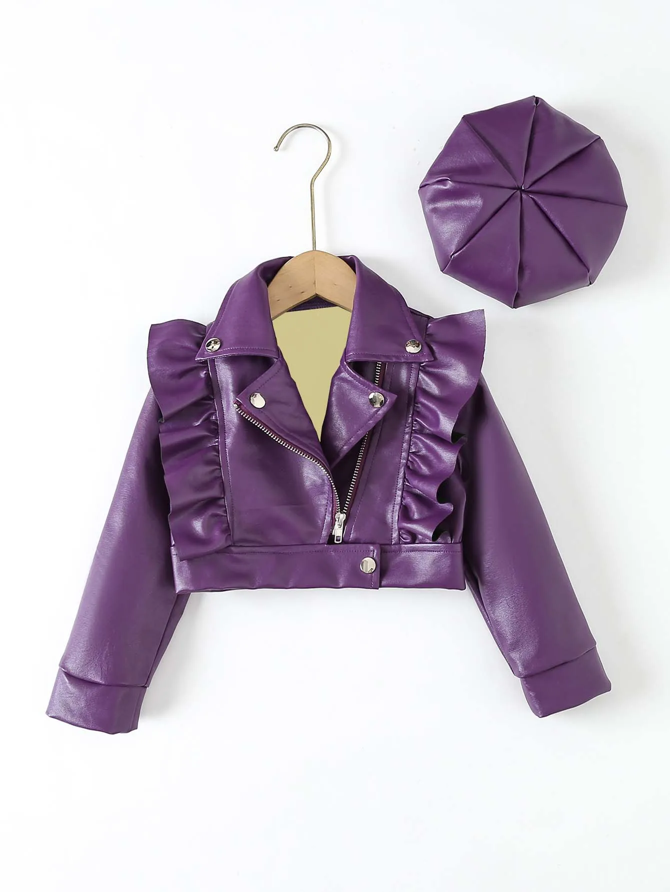 Baby Girl Leather Motorcycle Jacket Ruffled Lapel Zipper Winter Coat For Kids