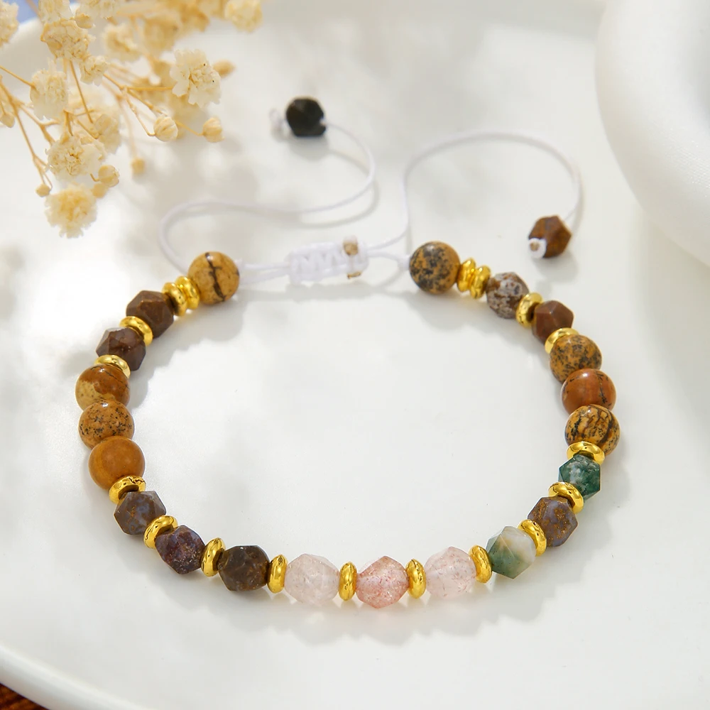 

Fashion Simple Adjustable Hand Jewelry Ins Niche Design Retro Style Color Semi-Precious Stone Handmade Beaded Bracelet Women