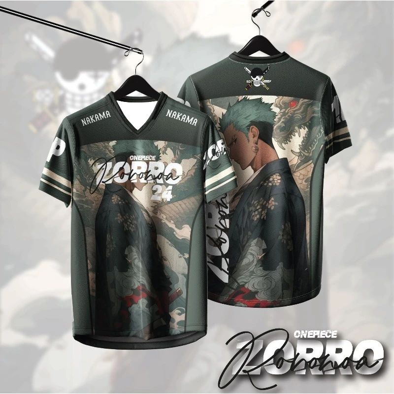 Camiseta Deportiva Casual con Estampado 3D de Roronoa Zoro Nakama de One Piece para Hombre, Camiseta con Cuello en V y Estampado de Dragón de Anime para Fanáticos