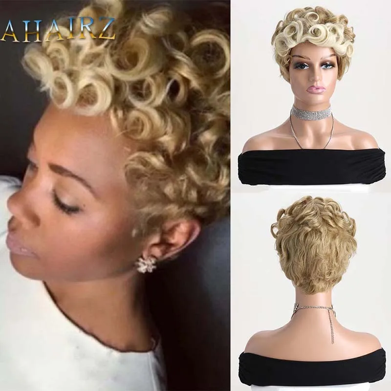 

Synthetic Brown Mixed Light Gold Wigs for Women Short Curly Wig with Bangs For Women Daily Wear Wigs