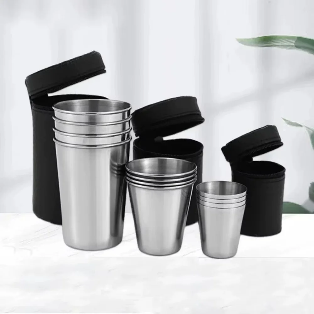 Conjunto de 4 Copos Mini de Aço Inoxidável com Estojo de Armazenamento 30ml/70ml/170ml Copos Portáteis para Bebidas ao Ar Livre para Camping