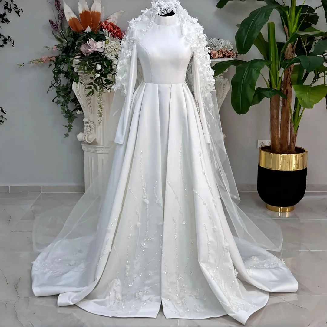 Muslim Satin A Line Wedding Dress High Mock Neck Long Puff Sleeve Hand Beaded 3D Floral Embroidery Chapel Train Bridal Gown Cust