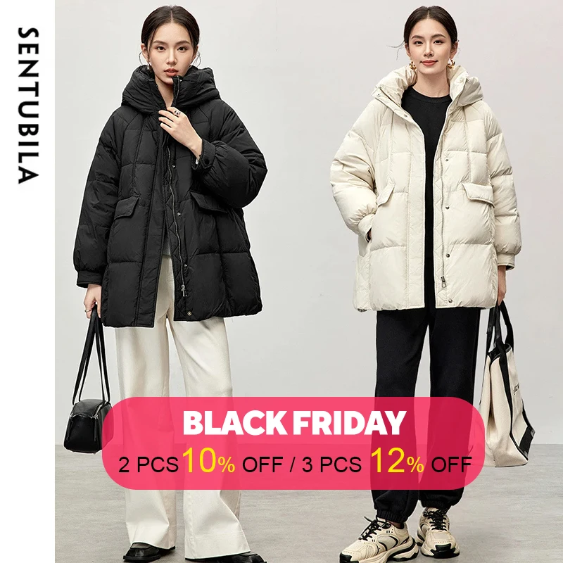 SENTUBILA 90% White Duck Down Coat for Women 2024 Winter Hooded Stand Neck Zipper Thick Warm Puffer Jacket Women W44Y57034