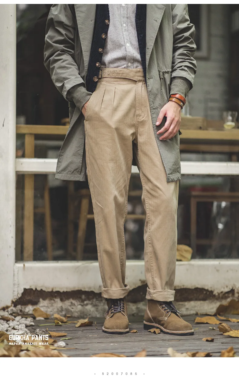 Maden Vintage Khaki Gurkha Hose, verstellbar, hohe Taille, lässige Cargo-Arbeitshose, klassische gerade Hose für Herren, Frühling und Herbst – Detail 20