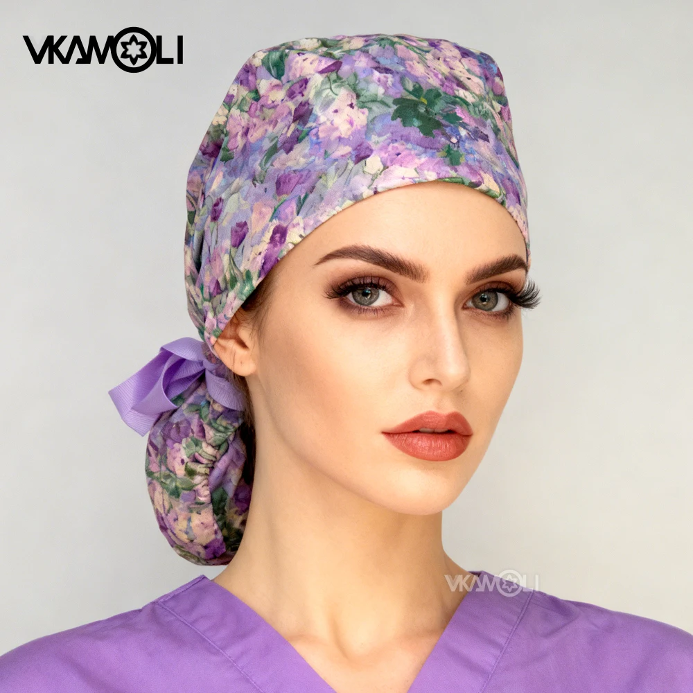 고품질의 꿈같은 보라색 여성용 긴 머리 수술 모자, 새틴 안감 의료용 스크럽 모자