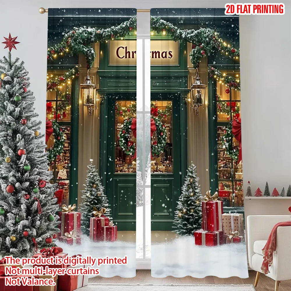 

2pcs 2D flat printing Christmas Party Curtain Vintage family party Polyester Without Electricity Family Party Decoration for