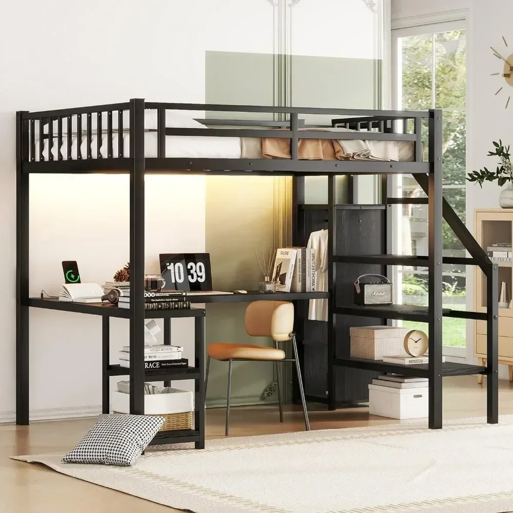 Loft Bed with L Shaped Desk, Wardrobe, Storage Staircase, Heavy Duty Metal Loft Bed Frame W/USB Ports & LED Lights