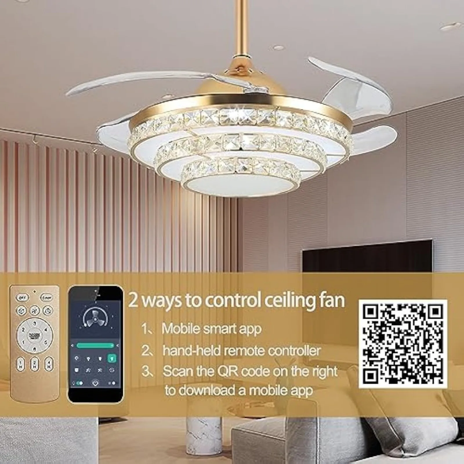 Ventilatore da soffitto retrattile in oro usa con luce e telecomando, ventilatore moderno in cristallo a 4 pale a 6 velocità a 3 colori da 42 pollici