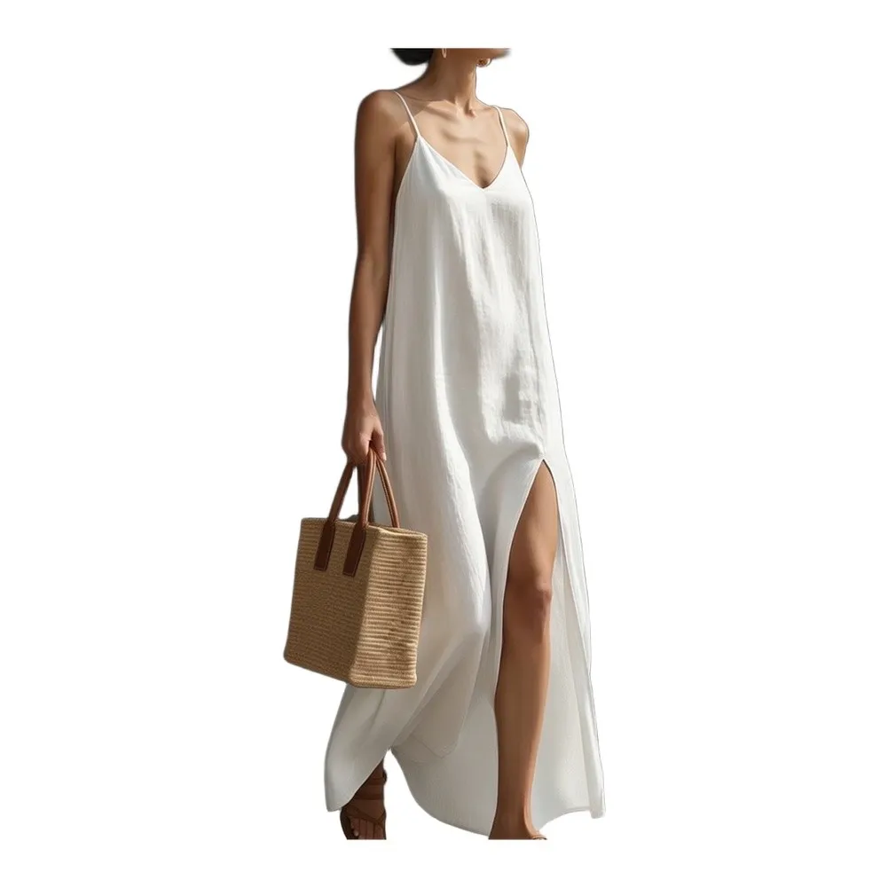 

Womens V Neck Long Dress Summer Spaghetti Strap Casual Loose Flowy Dress with Side Slit for Daily Vacation and Holiday