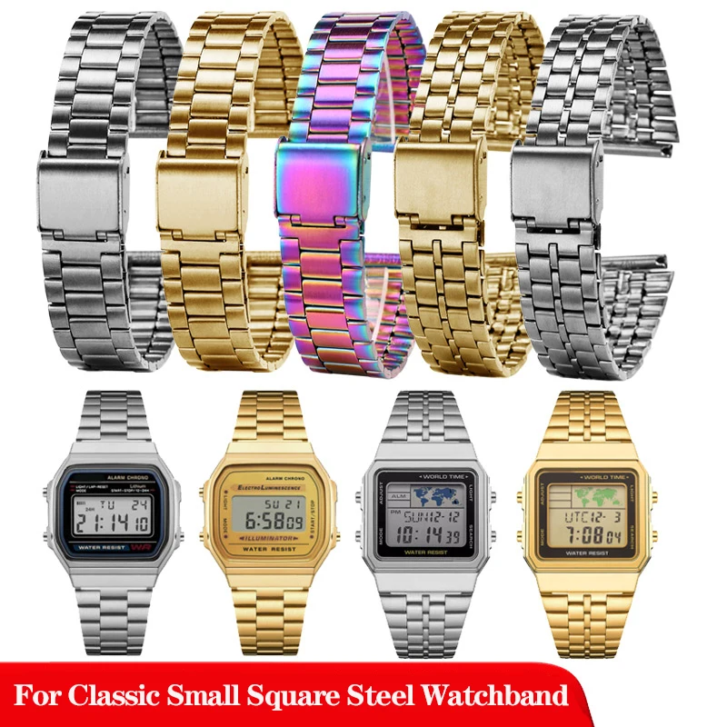 Stainless Steel Watchband For Casio A158 A159 A168 A158W AQ-230 LA-680 B650 AEQ-110 Gold Square Watch Bracelet 18mm Metal Strap