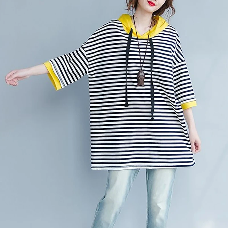 Novedad de verano, camisetas de gran tamaño que combinan con todo, sudaderas informales a la moda, sudaderas con capucha holgadas y empalmadas a rayas, ropa de mujer 2025