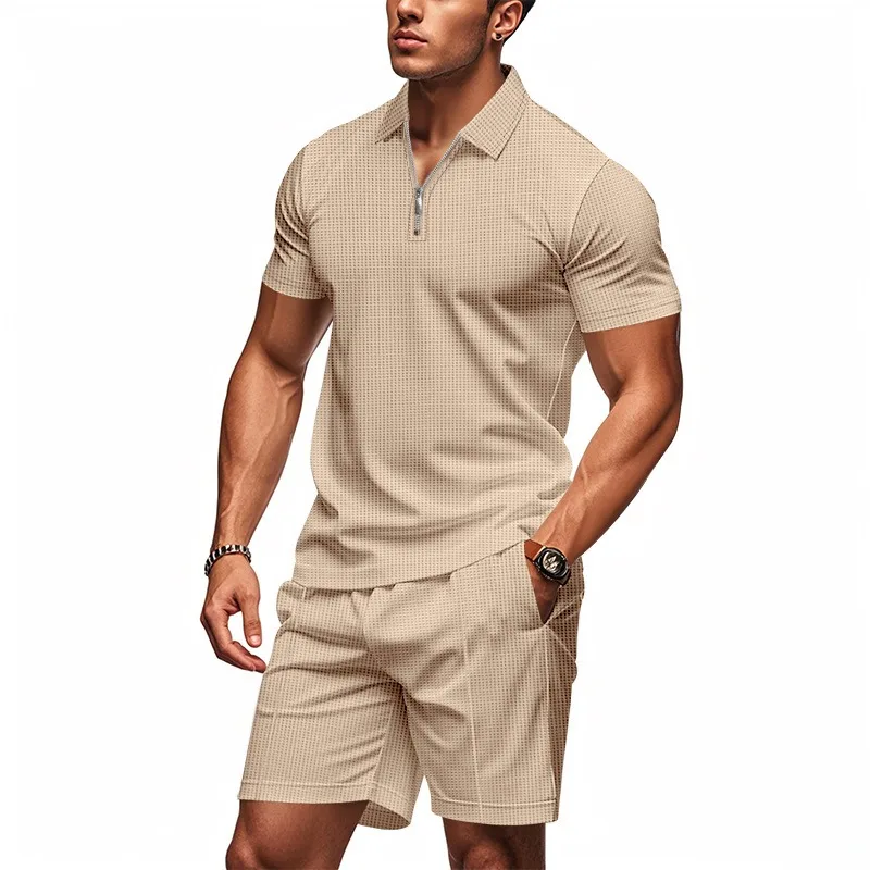 

Men's Waffle Knit Zip Up Polo Shirt and Shorts Set 2 Piece Outfits