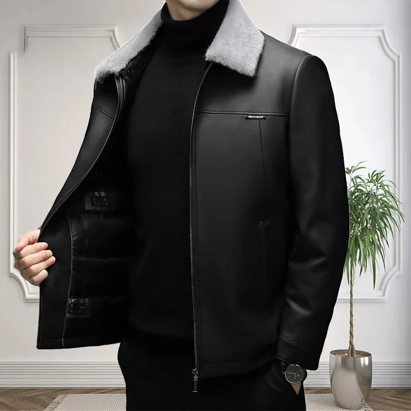 2023 Winter New Men Down Detachable Ferret Fur Collar Sheep Leather Jacket Fashion Large Size Lapel Plus Velvet Outwear