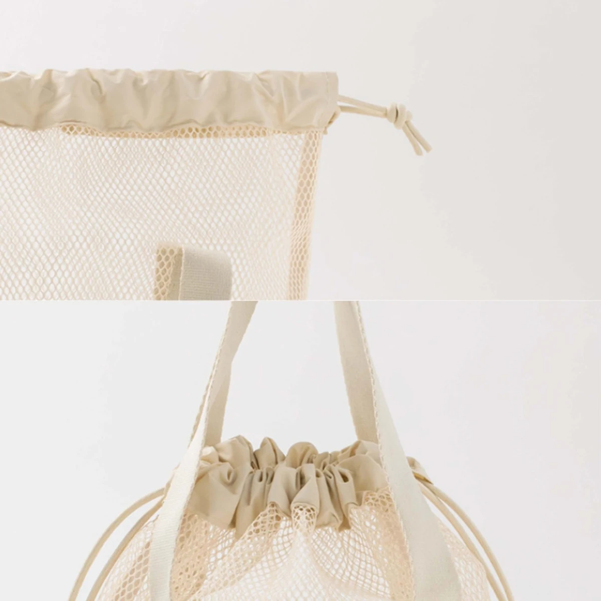 Bolsa de higiene de viagem bege, bolsa ultraleve dobrável oca de malha, bolso com cordão, bolsa de praia, bolsa de higiene pessoal, 1 peça