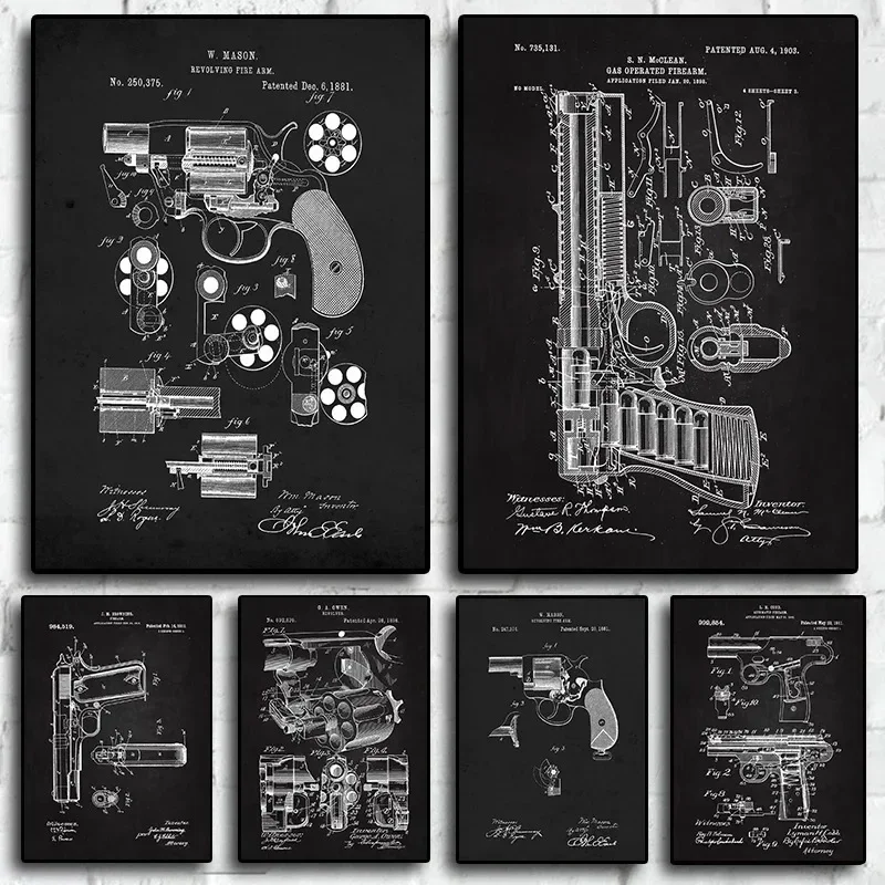 Gun Pistol Drawings Military Fans Bedroom Study Living Office Quality Canvas Posters Modern Home Wall Art Decor Picture