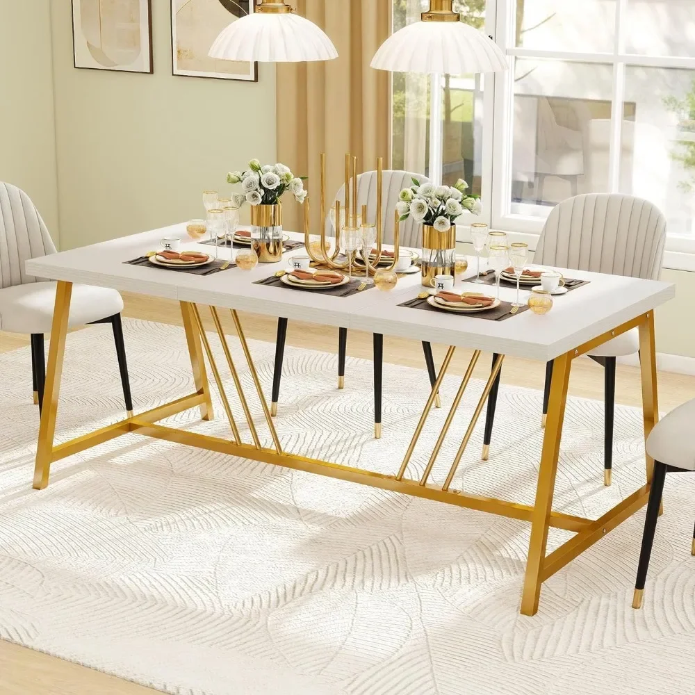 

70.9 Inch Large White Dining Table for 6-8 People, Modern Farmhouse Kitchen Dinner Table w/Gold Geometric Metal Legs for Kitchen