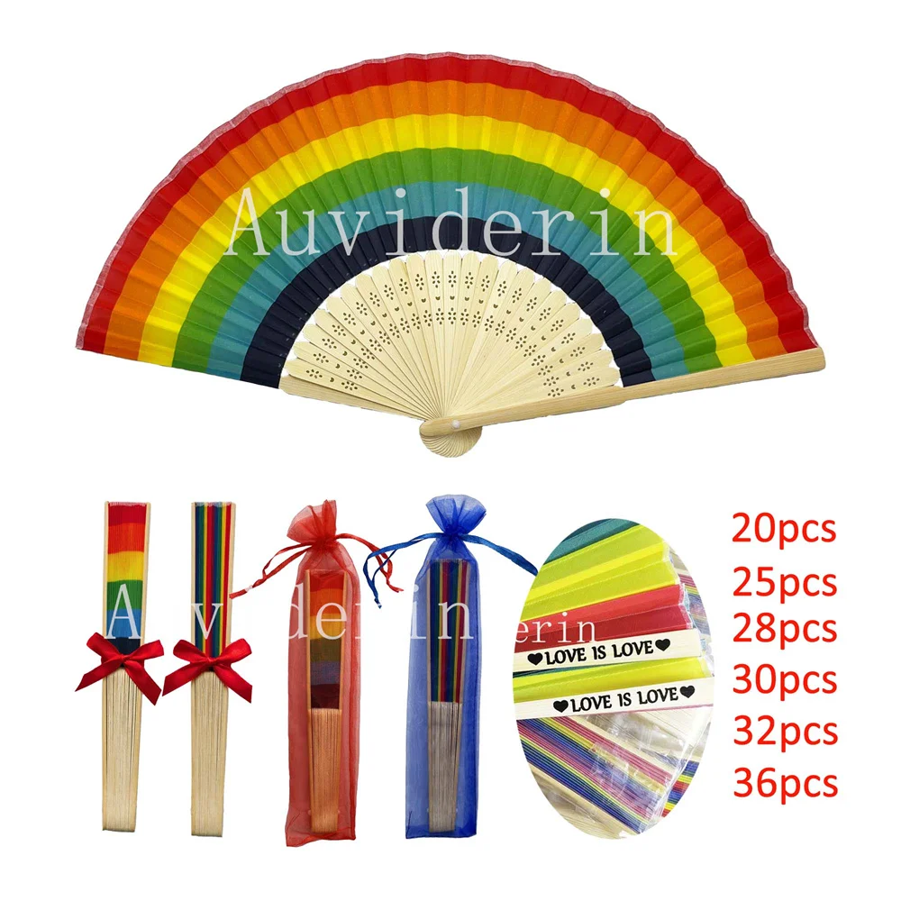 36/20Pcs Rainbow Folding Fans Customs For Party Favor Bamboo Colorful Striped Promotional Event Supplies 25/28/30/32pcs Fan