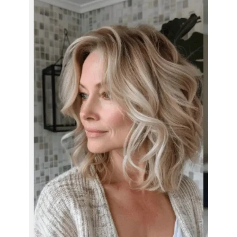 Short Balayage Ash Brown Golden Blonde Highlight Lace Front   Human Hair Wigs