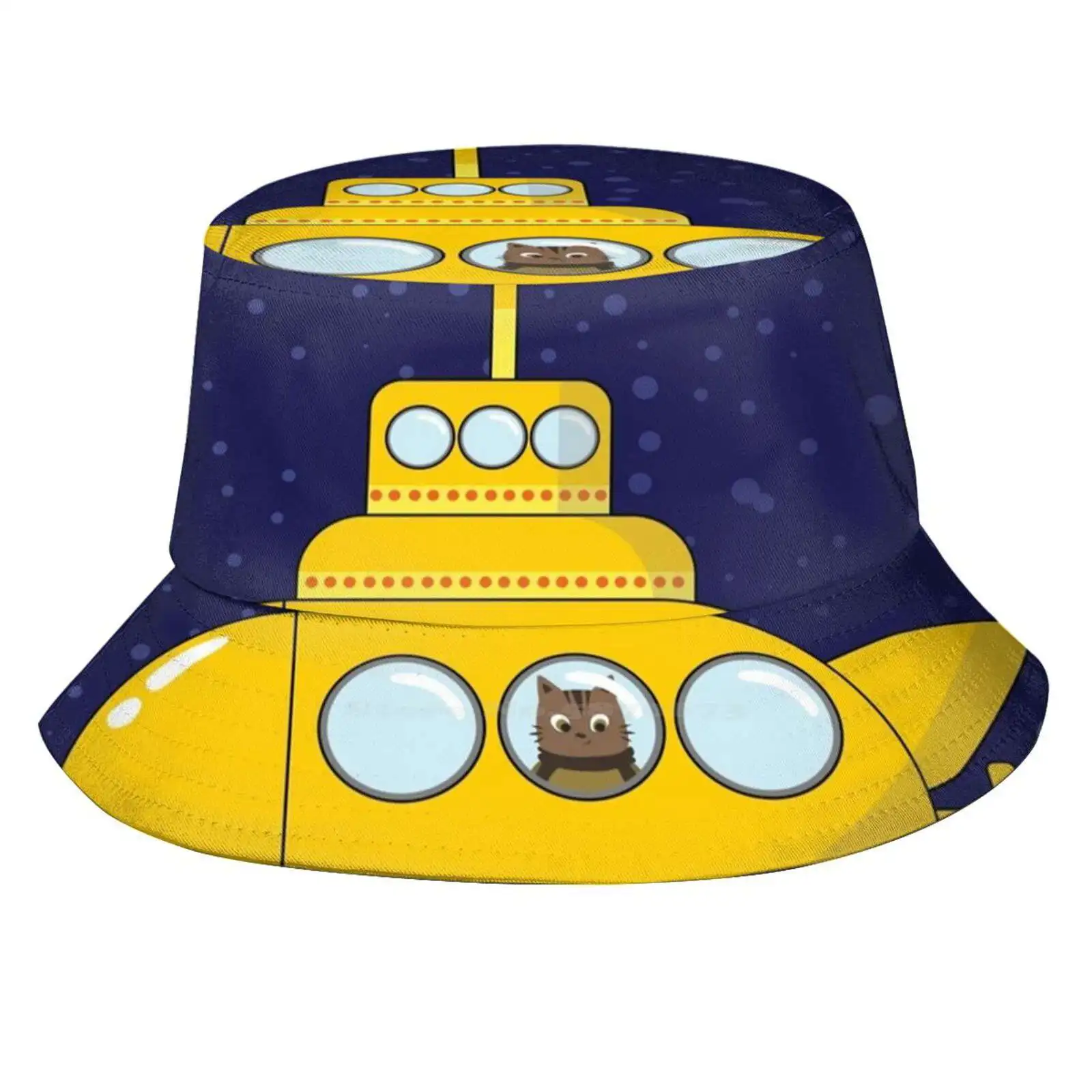 In Deep Ocean Foldable Panama Bucket Hat Cap Dark Blue Deep Ocean Cat Cartoon Nursery Baby Kids Child Toddler Toy Submarine