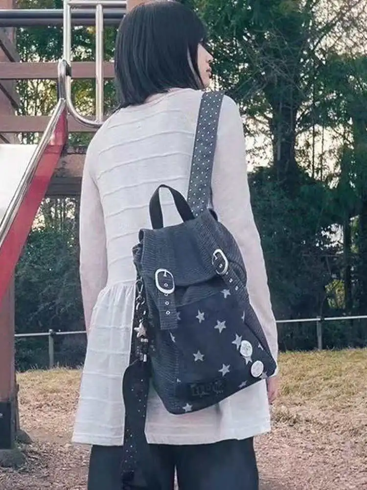 허지어스킨 2025년 봄 Y2K 물방울무늬 스트라이프 별무늬 데님 여성 백팩 책가방 숄더백 소프트 출퇴근 스타일 폴리에스터 안감