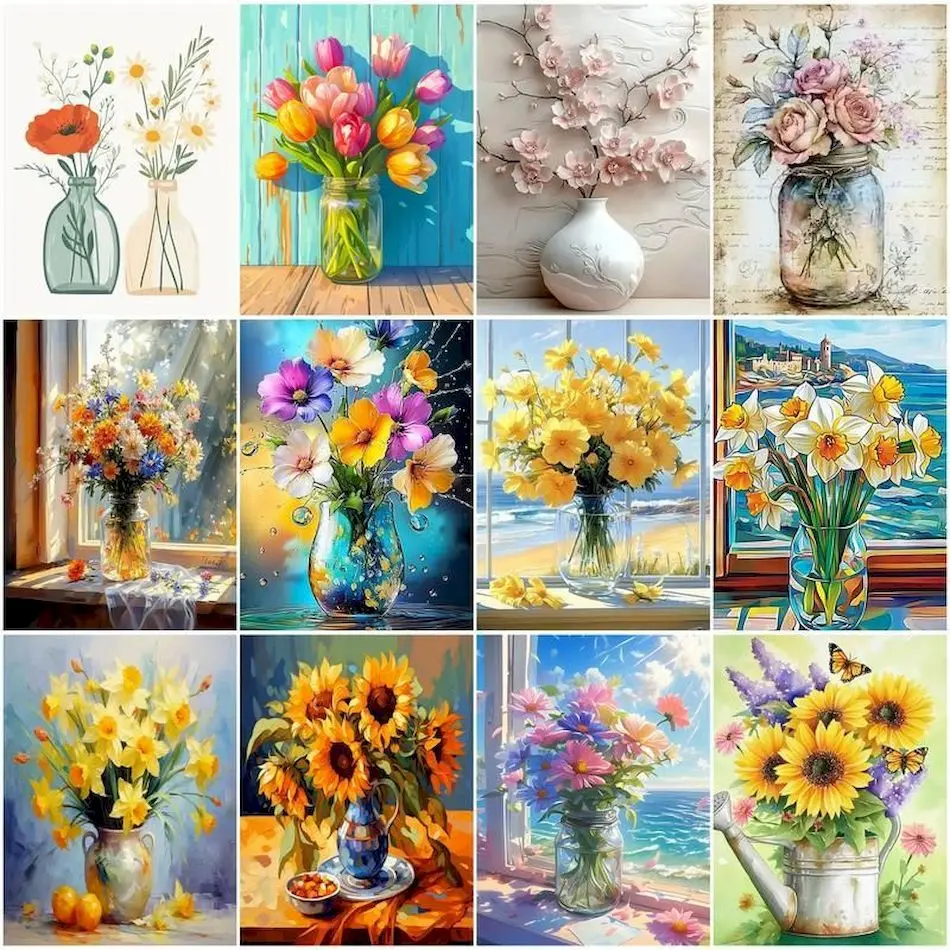 

RUOPOTY Painting By Number Adults Flower arrangement vase decoration Frame Wall Art Modern Color Markers Canvas Picture Wall Art