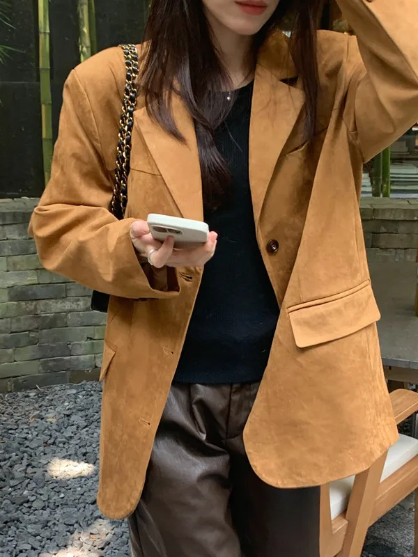 

Women's Suede Long Sve Suit Jaet Loose Fit Medium Length Vintage Sle Autumn Faion Outerwear Ele Trendy