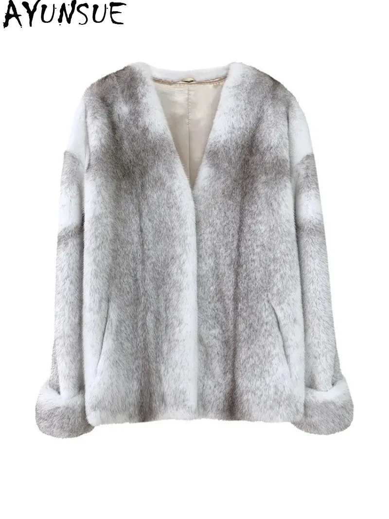 AYUNSUE Women Mink Fur Coat Short Style Cross Mink Real Fur Jacket Luxury Winter Warm Outerwear for Ladies Winter Clothes Woman