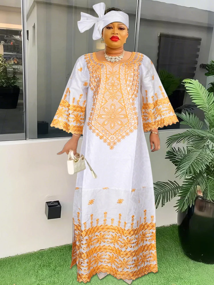 African Traditional Bazin Dresses Elegant Women Plus Size Maxi Robe Wedding Party Evening Gown Africa Clothing Nigeria Turban