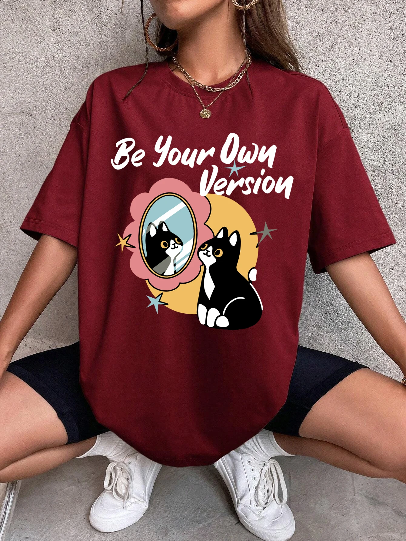 

Be Your Own Version Black Cats Print T-Shirts Women Cotton Casual T Shirt Breathable Summer Sportswear Oversized Crewneck Tops