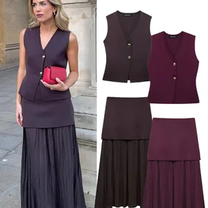 Trafza Female 2 -Pie -Set, V -Neckline, ärmelloses, Knopf, Mesh + Elegante Änderung, hohe Taille, Reißverschluss, lange Röcke, Urlaubsanzüge 6 Hauptverkaufsblatt Maxi - №5