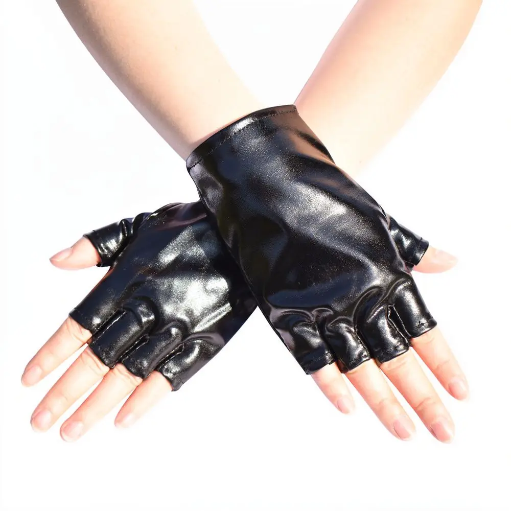 Gothic Punk Fingerless Gloves Patent Leather Half Finger Streetwear Cosplay Accessory For Performance Stage Wear