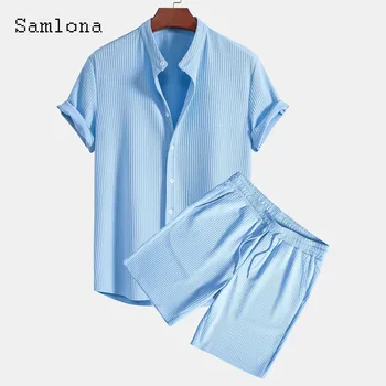 メンズカジュアルニットビーチトラックスーツセット,ノッチブラウス,ライトブルーショーツ,アメリカンとヨーロッパ,2ピースセット,2024