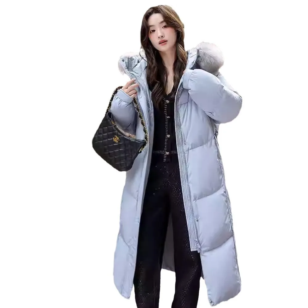 2024 Winter New Goose Down Big Hair Collar White Down Jacket for Women, High end Hooded Mid to Long Size ，Thickened Coat