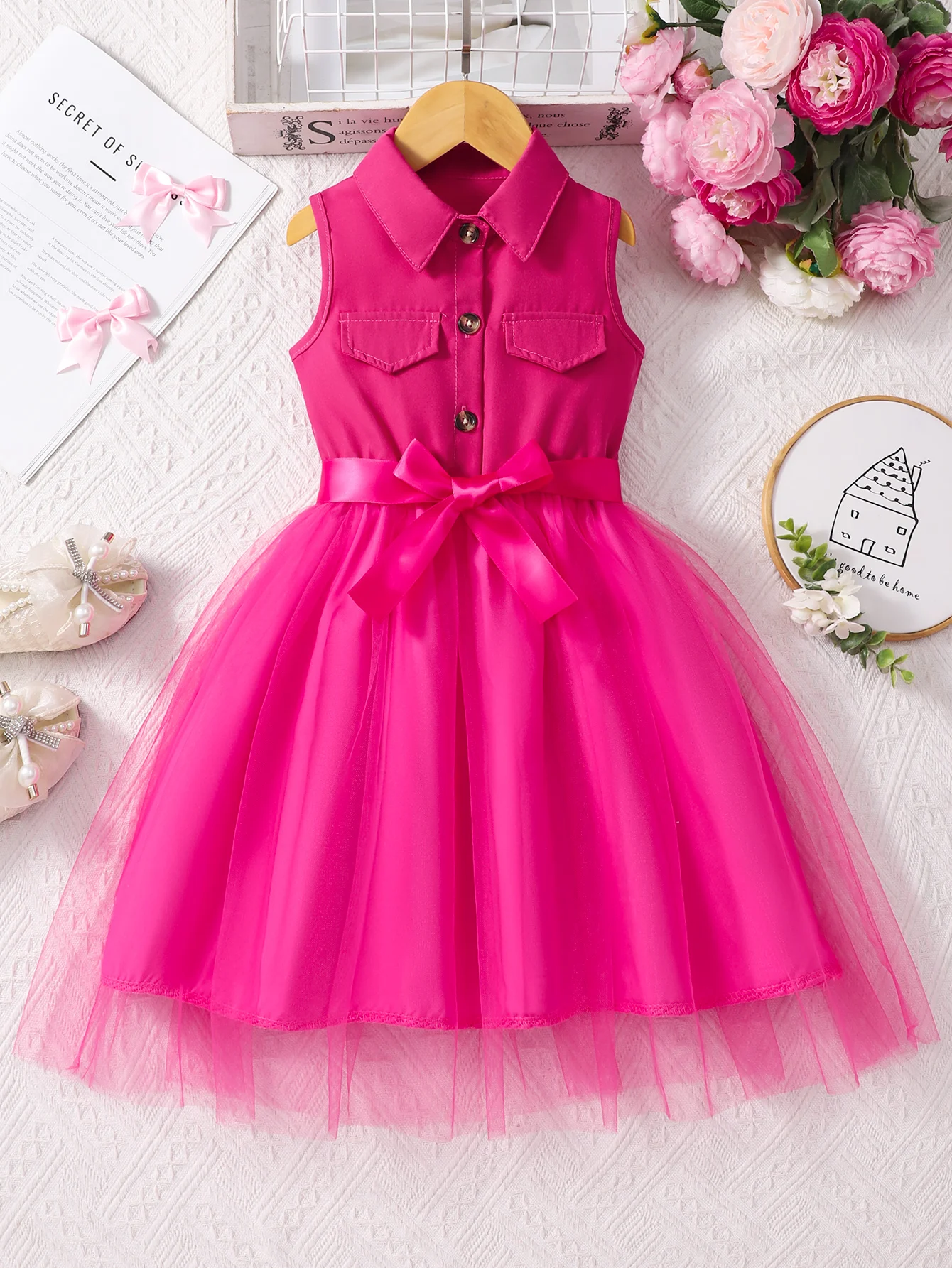 Girls' Collared Sleeveless Dress 2-7 Years Old Back to School Season Mesh Skirt Suit for Younger Kids