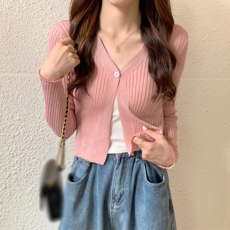 Women Korean Cardigan Long Sleeves V Neck Casual Knitted Button up Sun Protection