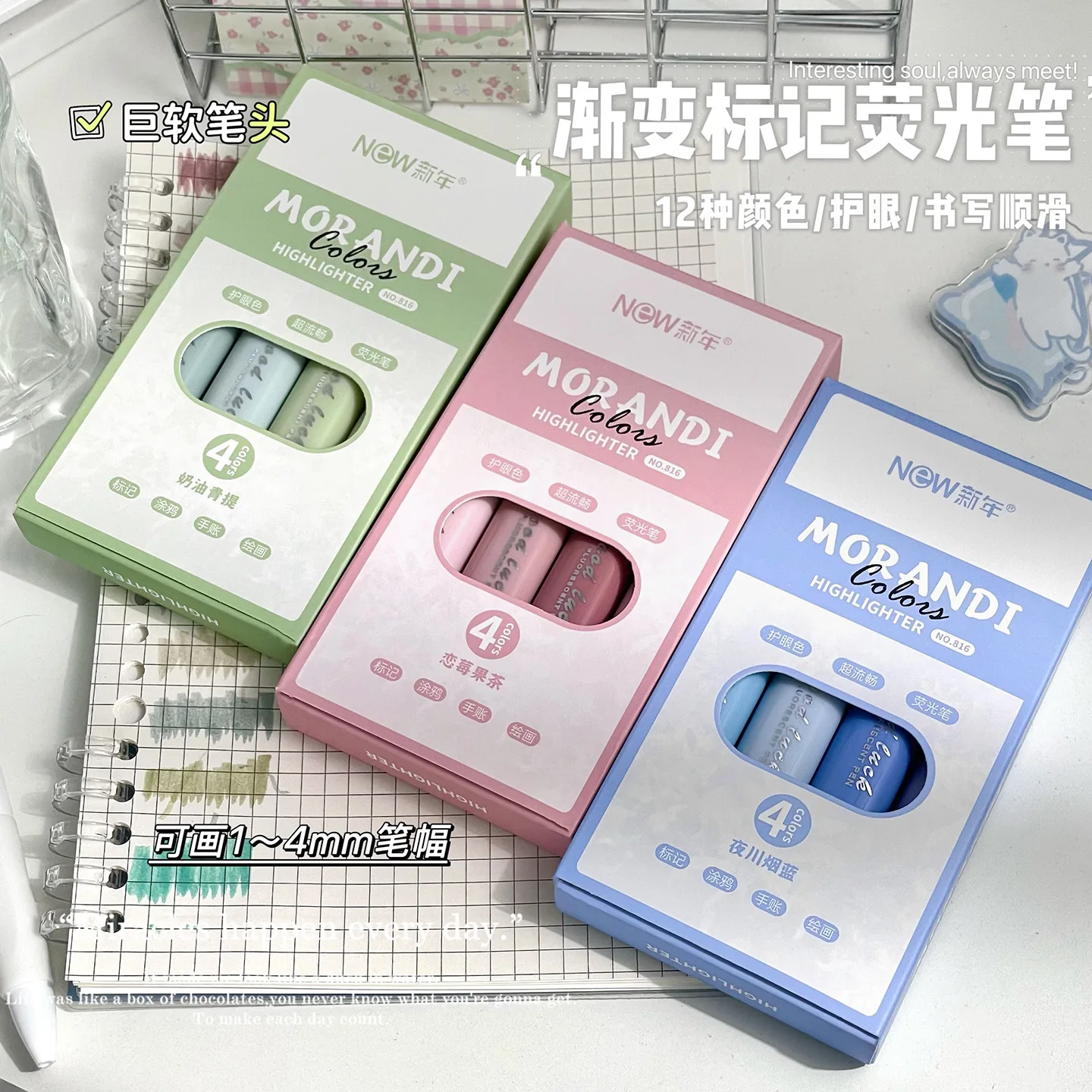 4 Colors Set Morandi Dual Tip Highlighters Pastel Fluorescent Marker Pens Cute Aesthetic Highlight Pens For Student