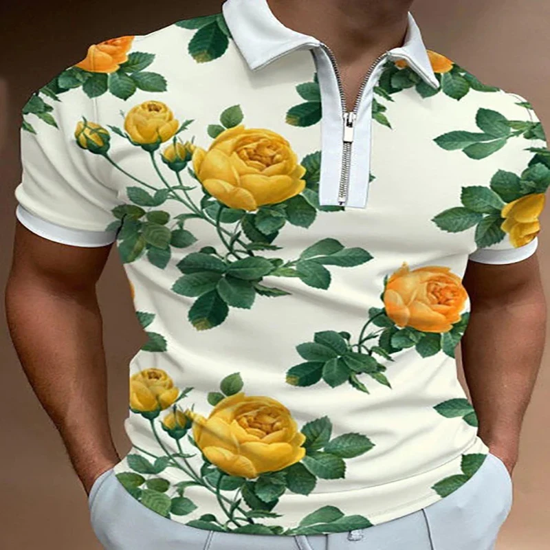 

Yellow Rose 3D Print Polo Zipper Short Sleeve Shirt for Men