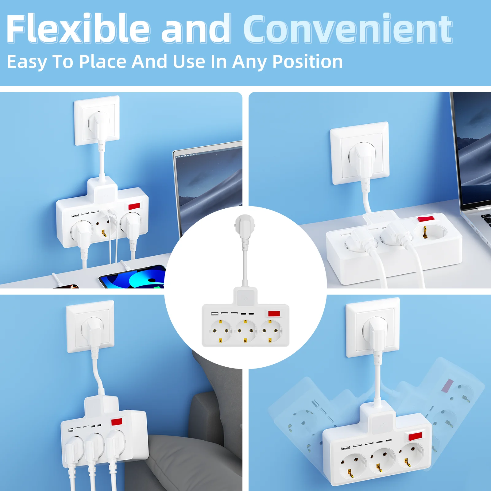 Portable 3-Socket Outlet with Master Switch 3 USB 2 Type-C Ports Night Light Feature for Dormitory Bedroom Living Room Travel