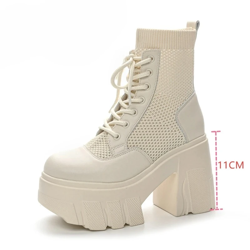 

11cm Fashion Women's Cool Boots Summer Mesh Surface Thick Sole Boots for Women Chunky Heel Platform Ankle Boots Botas Para Mujer