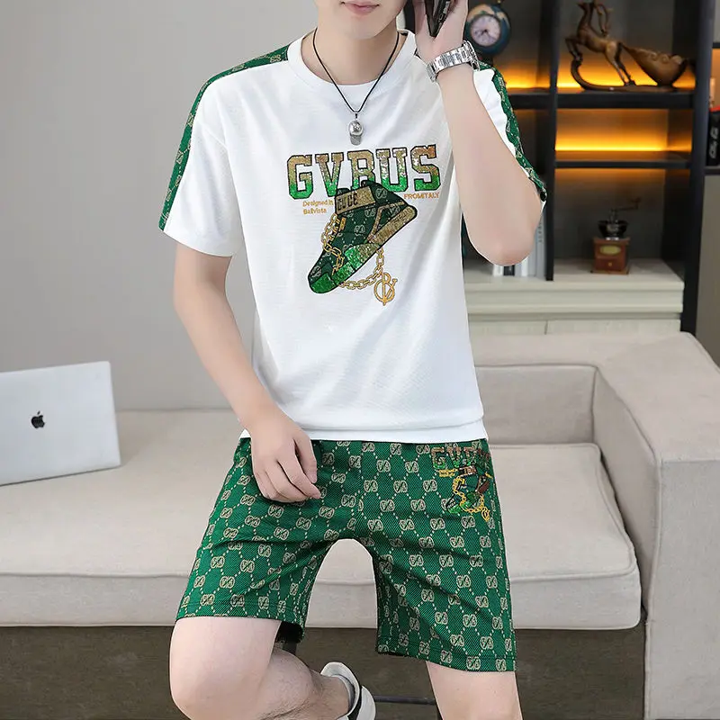 Men\'s Crewneck Fashion Splicing Short Sleeve T-shirt Printed Shorts Set New Summer Youth Trend Loose Casual Sports Two-piece Set