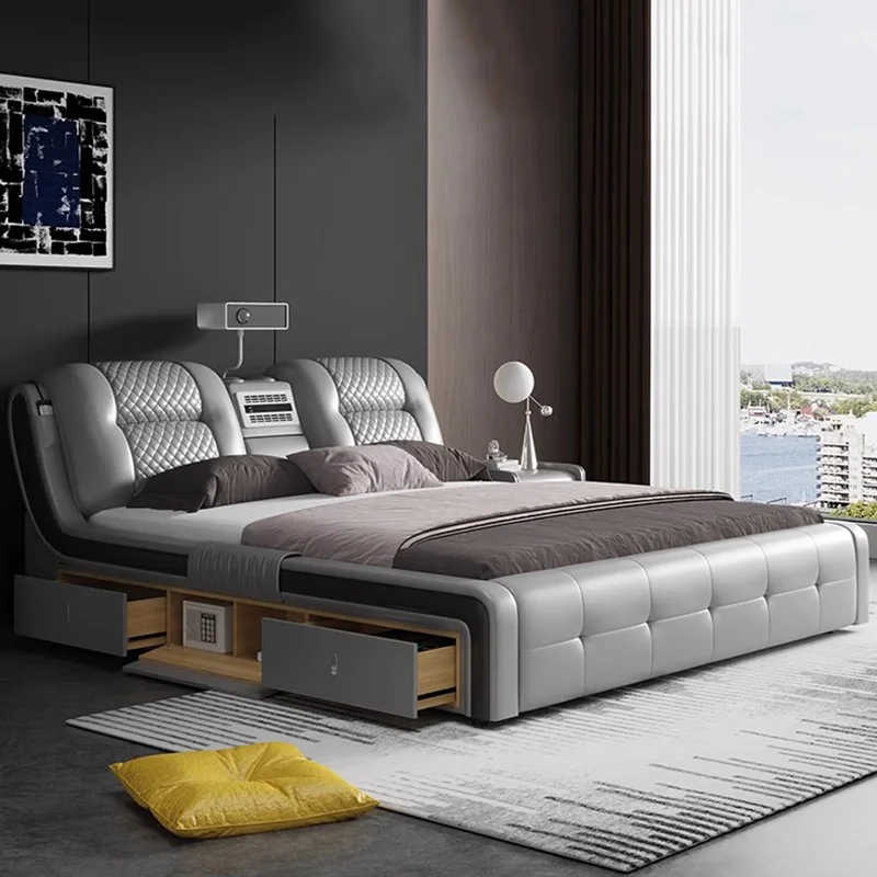 Luxury Leather Bed Multifonction Space Saving Queen Size Storage Bed Modern Lounge Camas De Casal De Luxo Bedroom Furniture