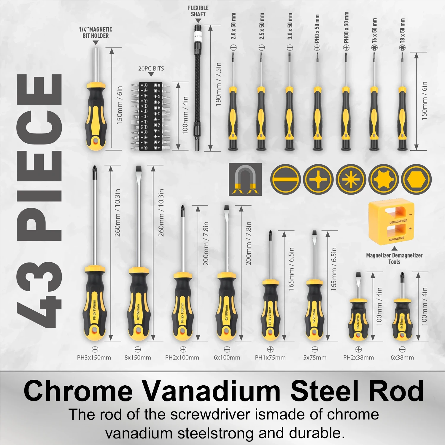 43 Pcs Magnetic Screwdrivers Set Slotted, Phillips, Hex, Pozidriv,Torx Precision Screwdriver Set, Magnetizer Demagnetizer Tools