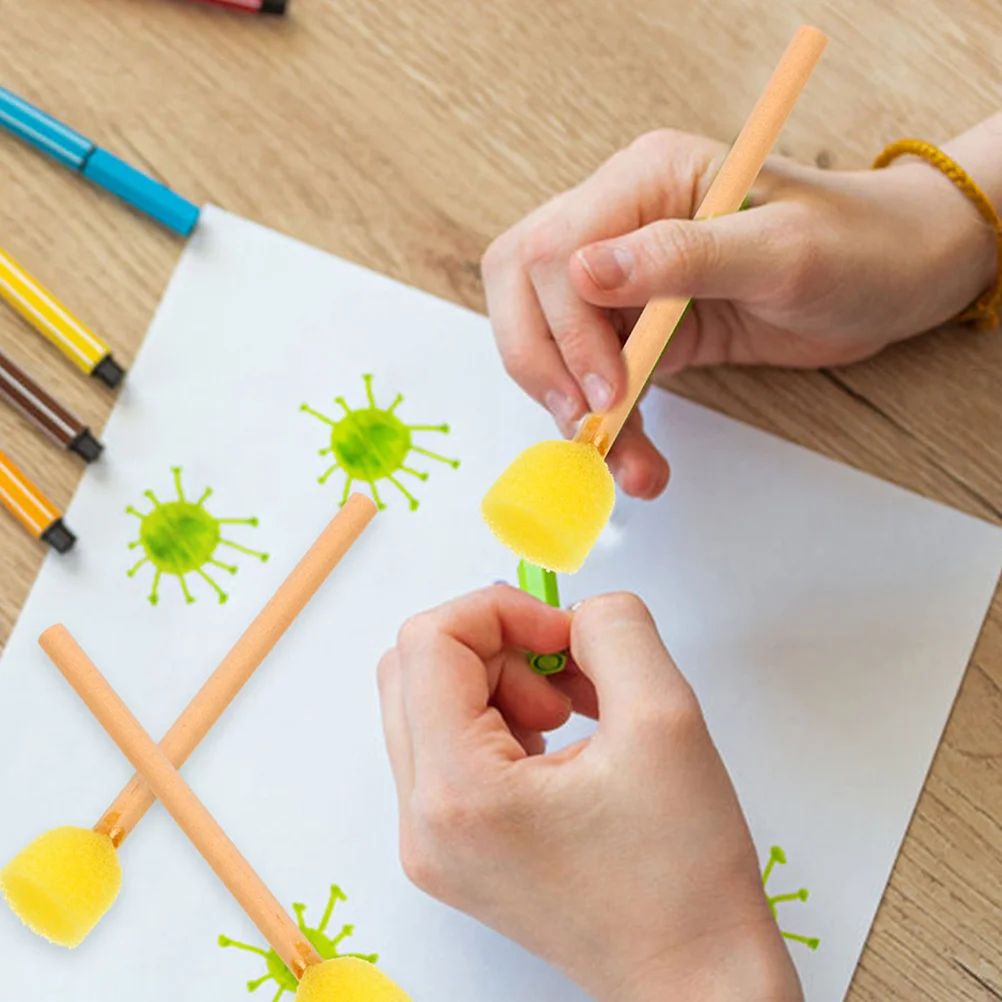 12 Pcs Sponge Painting Brush Kit with Wooden Handle Foam Brushes Round for Child