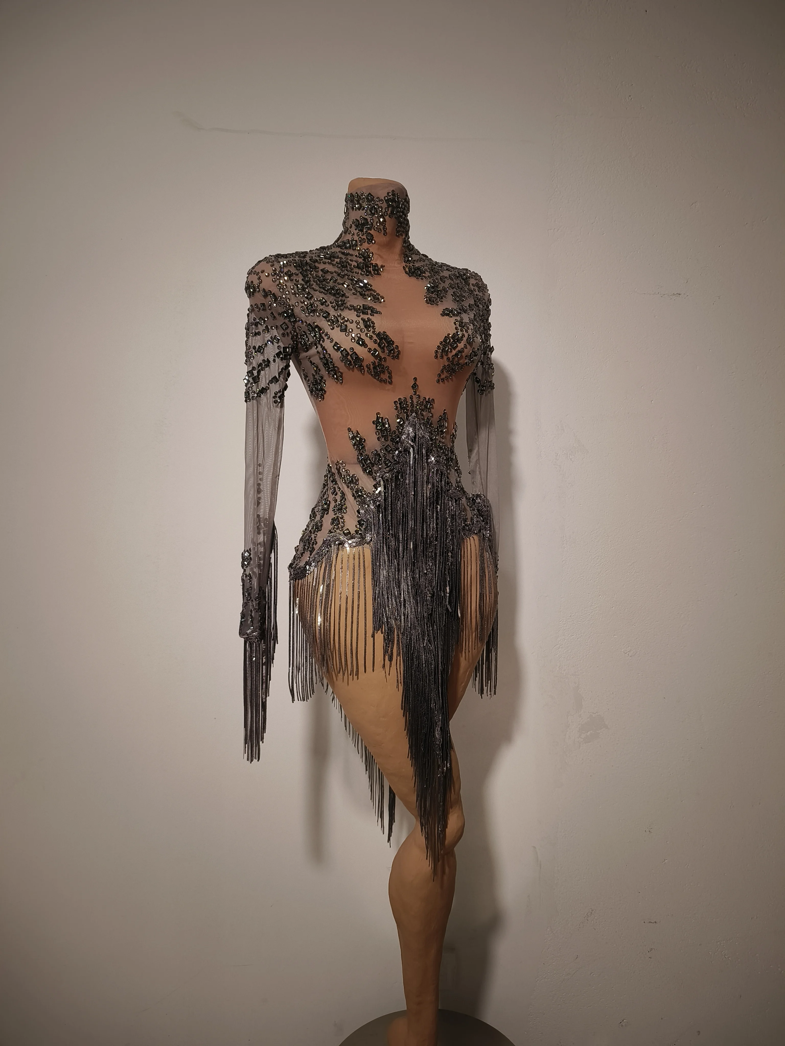 Show girl costume Luxury Party OutfitWomen Sexy Silver Sequin Tassel Designer Mini Dress Mesh See Through Luxury Evening Birthda