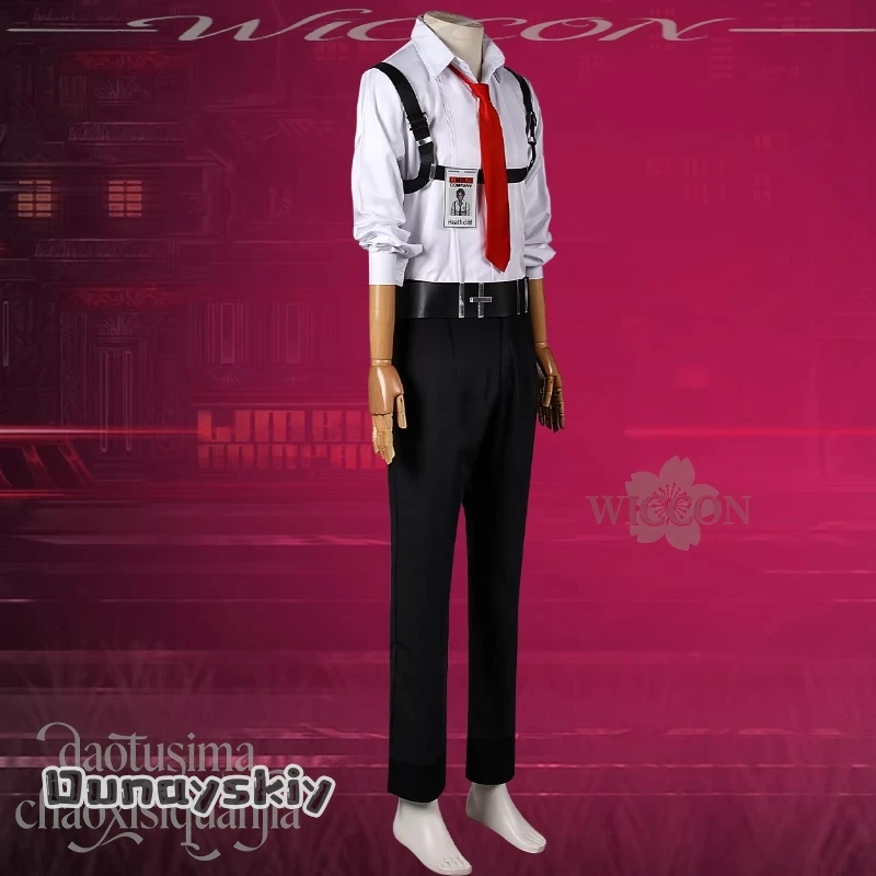 

Kisekiya@Anime Game Limbus Company Cosplay Heathcliff Costume DK White Long Sleeve Shirt Black Pants Red Tie Belt Wig Halloween