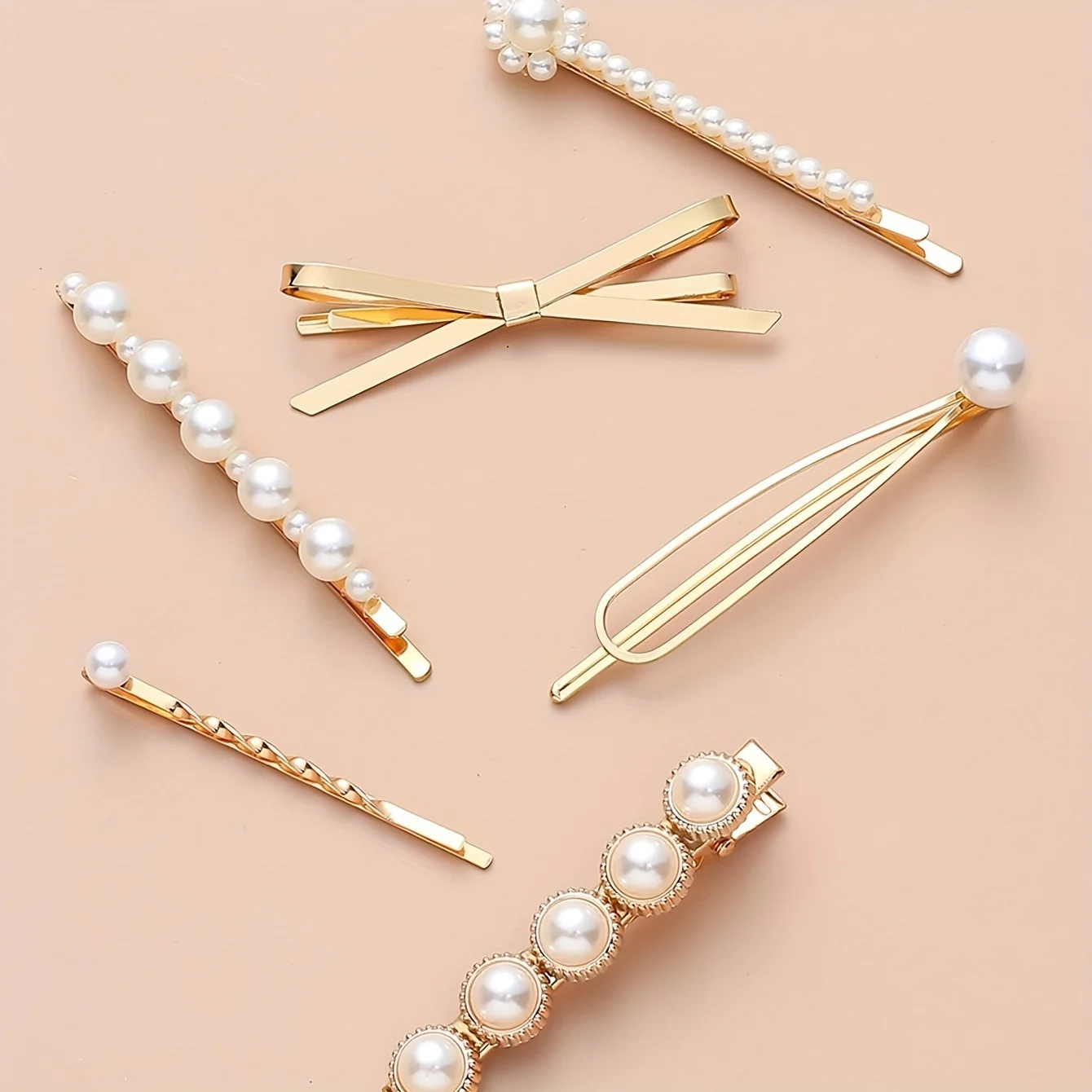 Metal bow pearl hair clip 6 pack