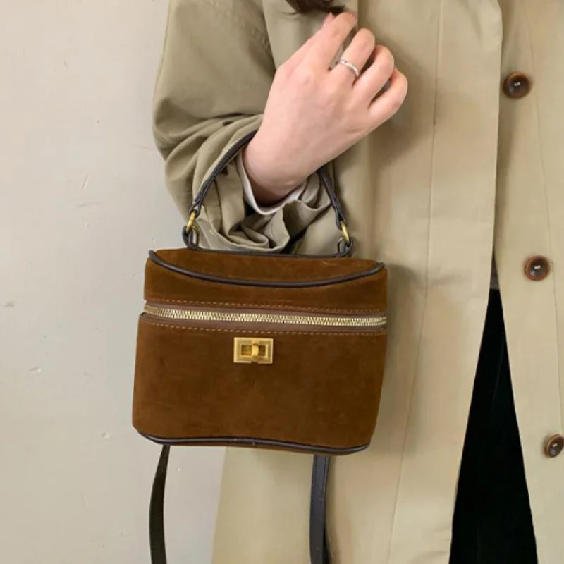 

Suede Hand-held Square Bag Brand Box Shaped Bag Hardware Lock Design Shoulder Bag Autumn Retro Zipper Crossbody Bag Coin Purse